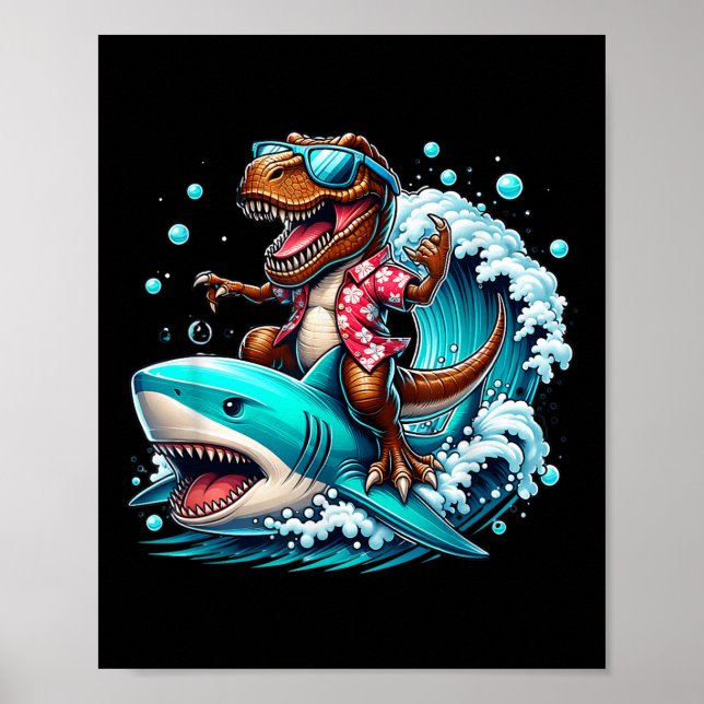 Beach Lover T-rex Dinosaur Riding Shark Surfing Oc Poster (Vorne)