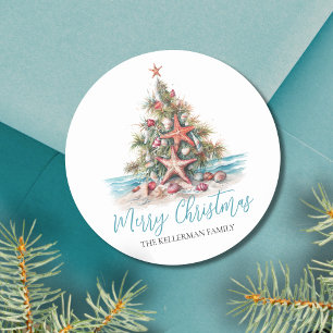 Beach Merry Christmas Tree Runder Aufkleber