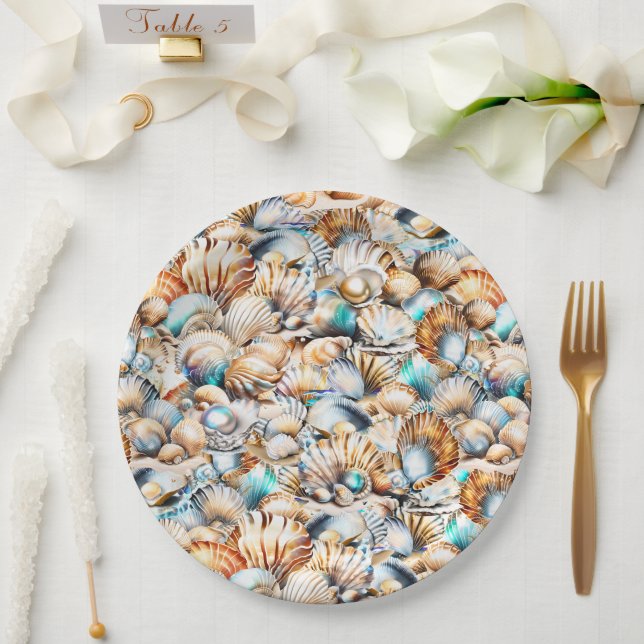 Beach Muscheln irisierende Collage nautischer Chic Pappteller (Hochzeit)