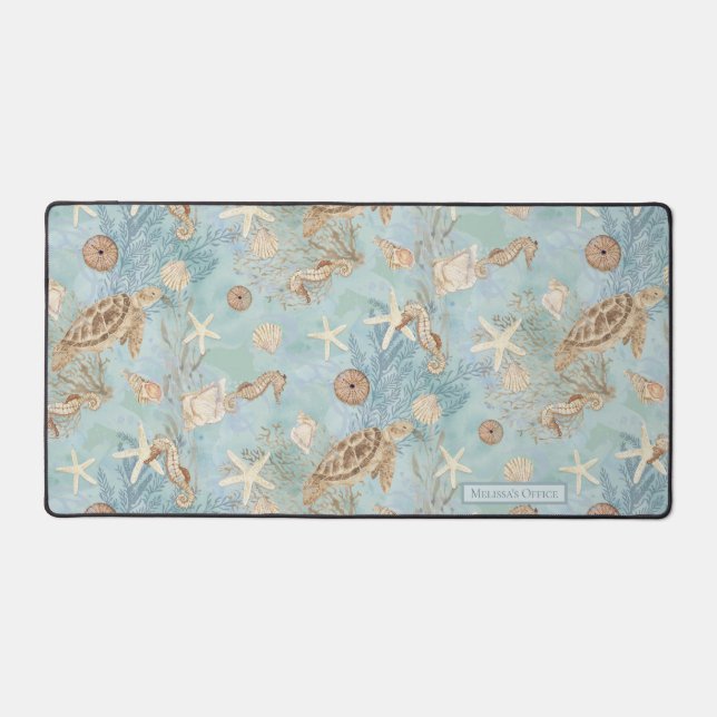 Beach Nautic Sea Turtle Seepferd Starfish Aqua Schreibtischunterlage (Vorderseite)