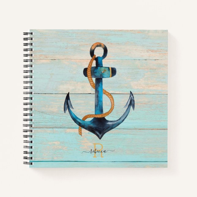 Beach Nautical Anchor Mit Monogramm Spiral Noteboo Notizbuch (Vorderseite)