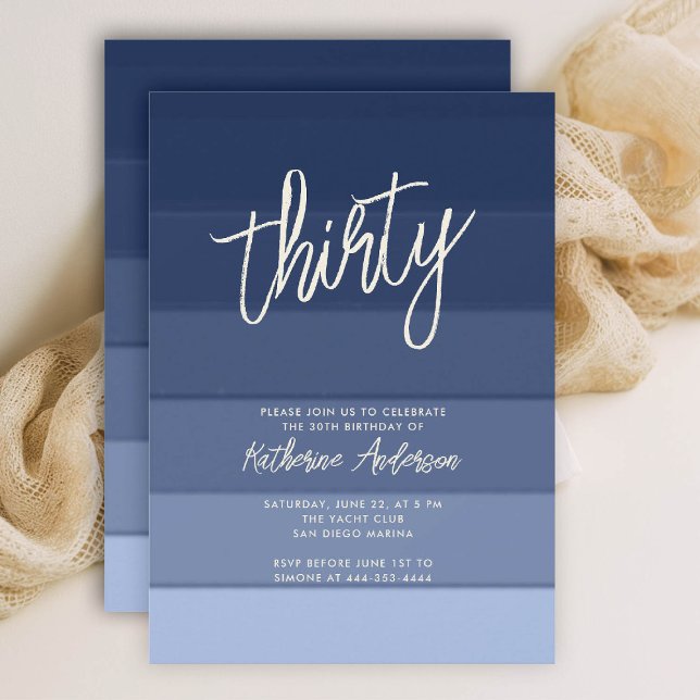 Beach Nautical Navy Streifen Modern 30. Geburtstag Einladung (30TH birthday invitation her coastal nautical boat yacht beach waterfront ocean marina stripes)