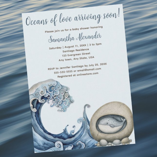 Beach Ocean Babydusche Einladung (Beach Ocean baby shower invitation. Majestic wave with baby whale peeking from rock. Whimsical.)