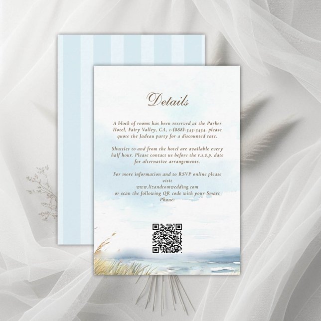 Beach Ocean Blue Détails du Mariage Carte de boîti (wild beach wedding details card dreamy watercolor ocean fence grass nature formal modern classic)