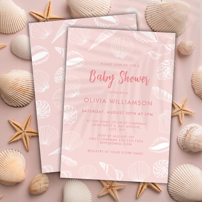 Beach Ocean Muscheln Girls Babydusche Einladung (Pink seashell ocean baby shower invitation.)