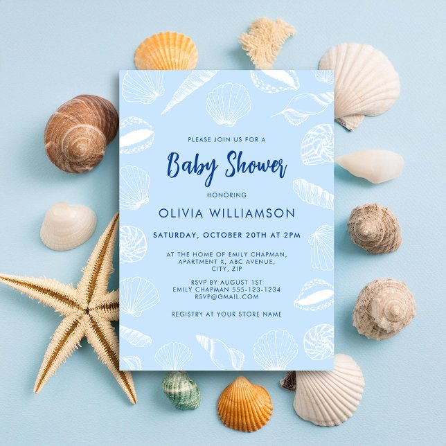 Beach Ocean Muscheln Kinderdusche Einladung (Baby blue seashell baby shower invitation for beach ocean nautical theme mom to be celebrations)