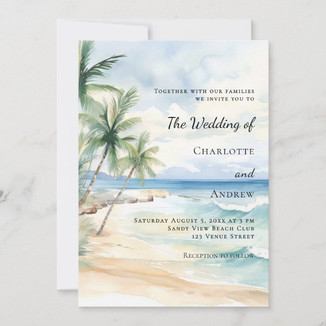 Beach ocean tropical palm destination wedding einladung (Vorderseite)