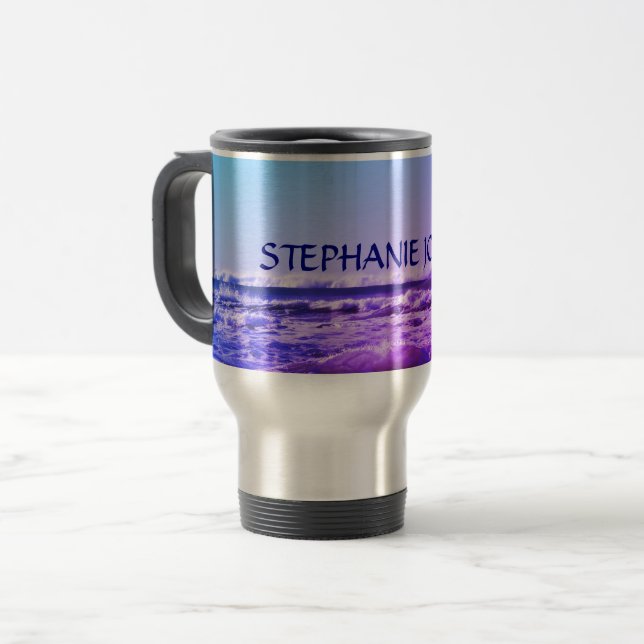 Beach Ocean Wave Monogrammatiker Name Wasser rosa  Reisebecher (Vorderseite Links)