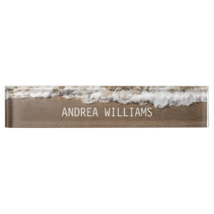 Beach Ocean Waves Monogram Name White Brown Sandy Namensplakette