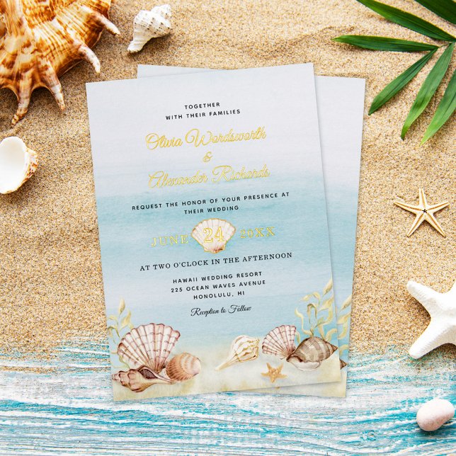Beach Ocean Wedding Elegante Gold Folieneinladung (Von Creator hochgeladen)