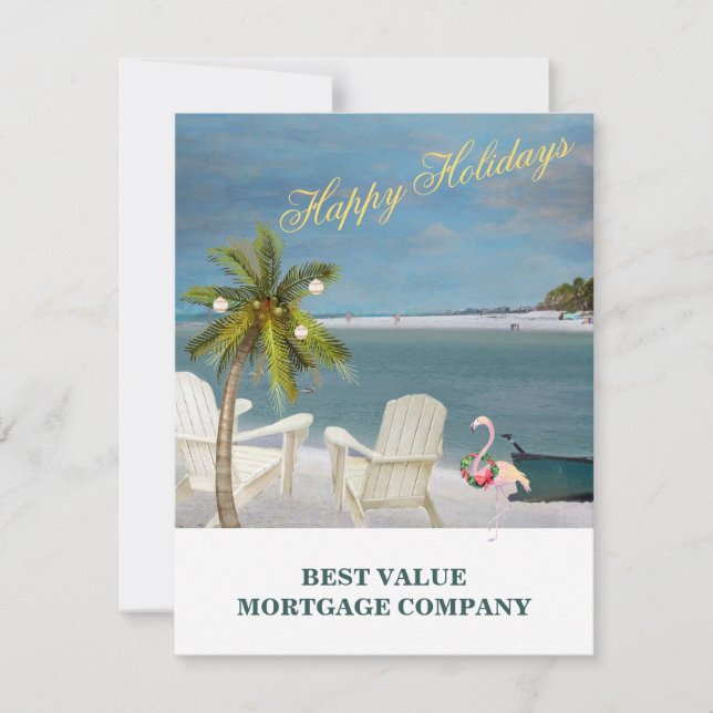 Beach Palm Flamingo Business Budget-Urlaubskarte Ankündigung (Vorderseite)