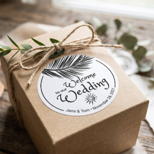 Beach Palm Leaf Schwarz-Weiß-Hochzeit Willkommen Runder Aufkleber