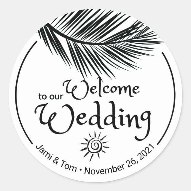 Beach Palm Leaf Schwarz-Weiß-Hochzeit Willkommen Runder Aufkleber (Vorderseite)