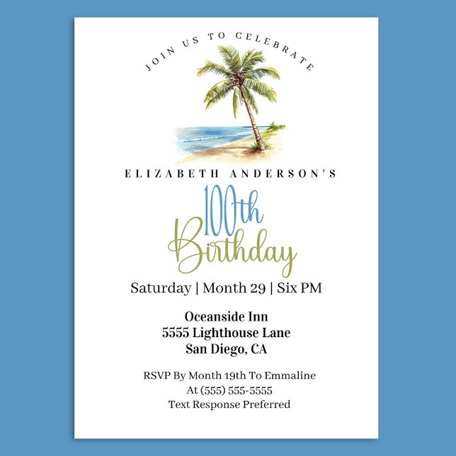 Beach Palm Tree 100th Birthday Einladung (Tropical beach palm tree 100th birthday invitation)