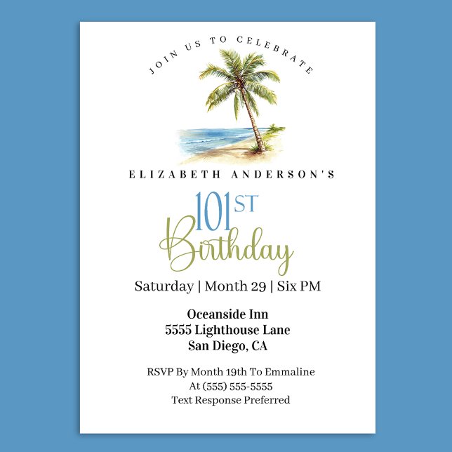 Beach Palm Tree 101st Birthday Einladung (Tropical beach palm tree 101st birthday invitation)