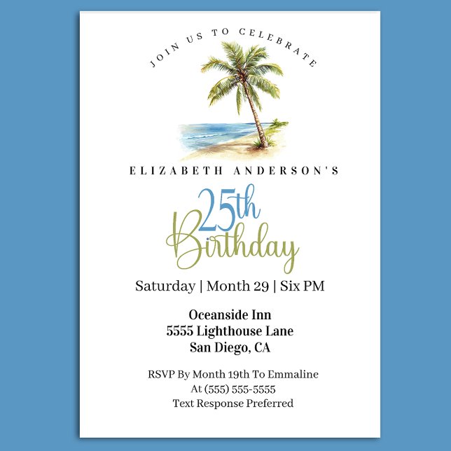 Beach Palm Tree 25th Birthday Einladung (Tropical beach 25th birthday invitation with palm tree ocean watercolor design)