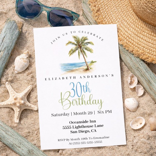 Beach Palm Tree 30th Birthday Einladung (Tropical beach palm tree 30th birthday invitation)