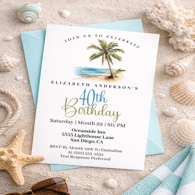 Beach Palm Tree 40th Birthday Einladung (Tropical beach palm tree 40th birthday invitation with coastal ocean theme and elegant typography
)