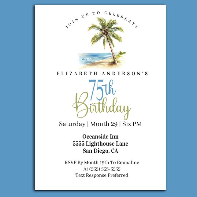 Beach Palm Tree 75th Birthday Einladung (Tropical beach palm tree 75th birthday invitation with coastal ocean theme and elegant typography)