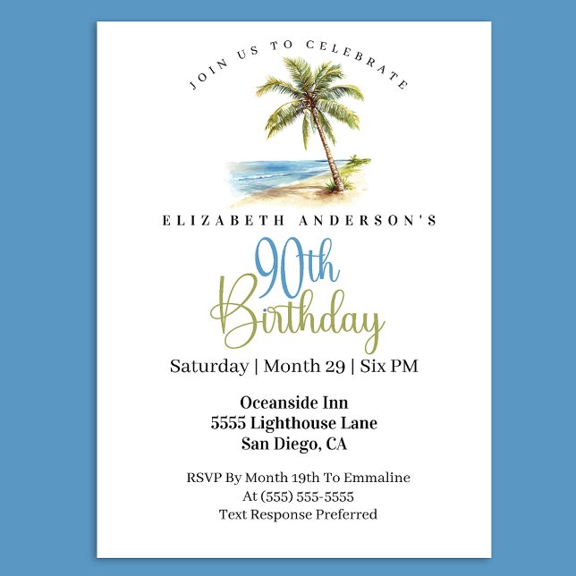 Beach Palm Tree 90th Birthday Einladung (Tropical beach palm tree 90th birthday invitation with a coastal ocean theme )