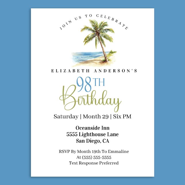 Beach Palm Tree 98th Birthday Einladung (Tropical beach palm tree 98th birthday invitation 
)