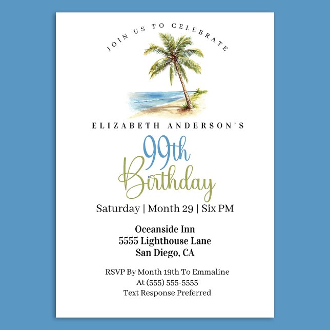 Beach Palm Tree 99th Birthday Einladung (Tropical beach palm tree 99th birthday invitation)