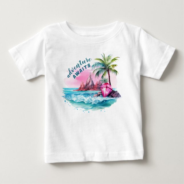 Beach Palm Tree Mountain View Erlebnis erwartet Baby T-shirt (Vorderseite)