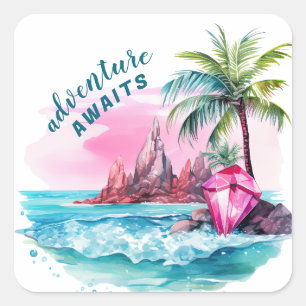 Beach Palm Tree Mountain View Erlebnis erwartet Quadratischer Aufkleber