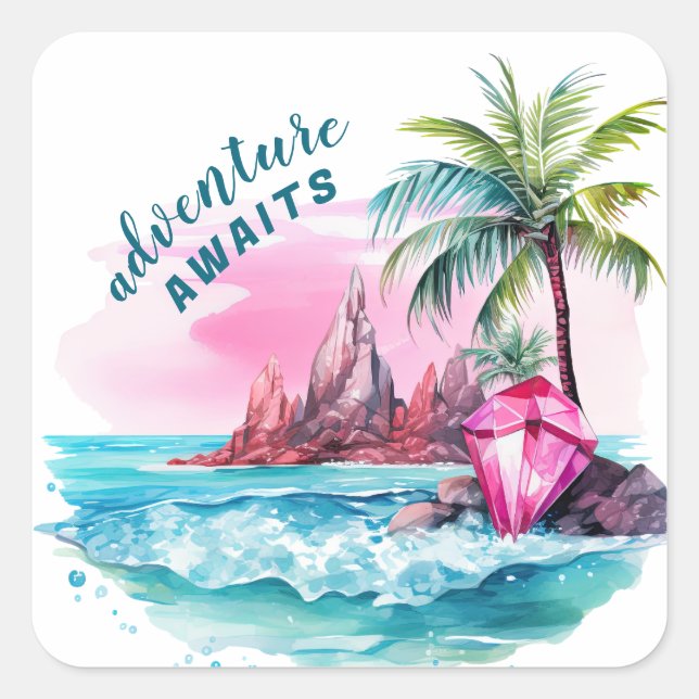 Beach Palm Tree Mountain View Erlebnis erwartet Quadratischer Aufkleber (Vorderseite)