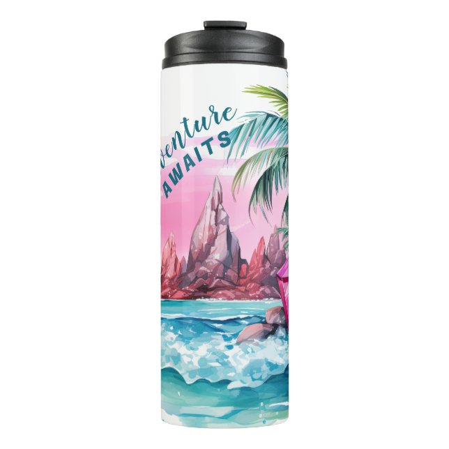 Beach Palm Tree Mountain View Erlebnis erwartet Thermosbecher (Vorderseite)