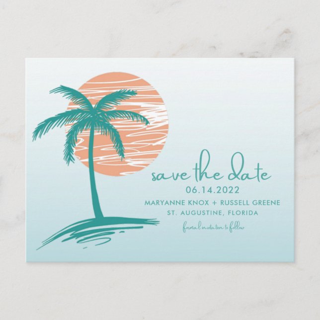 Beach Palm Tree Wedding Save the Date Postcard Ankündigungspostkarte (Vorderseite)