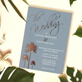 Beach Palm Trees Dusty Blue Tropical Wedding Folieneinladung