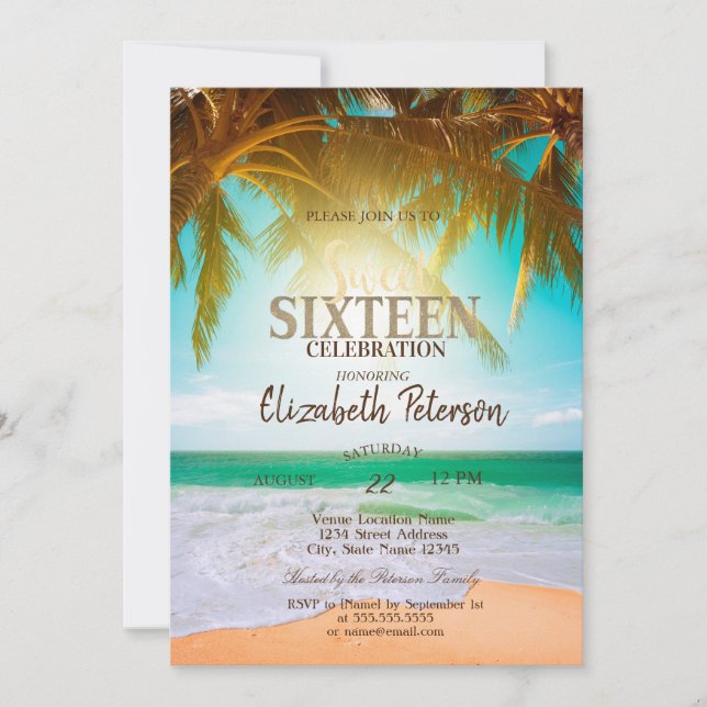 Beach Palms Summer Sweet 16 Party Einladung (Vorderseite)