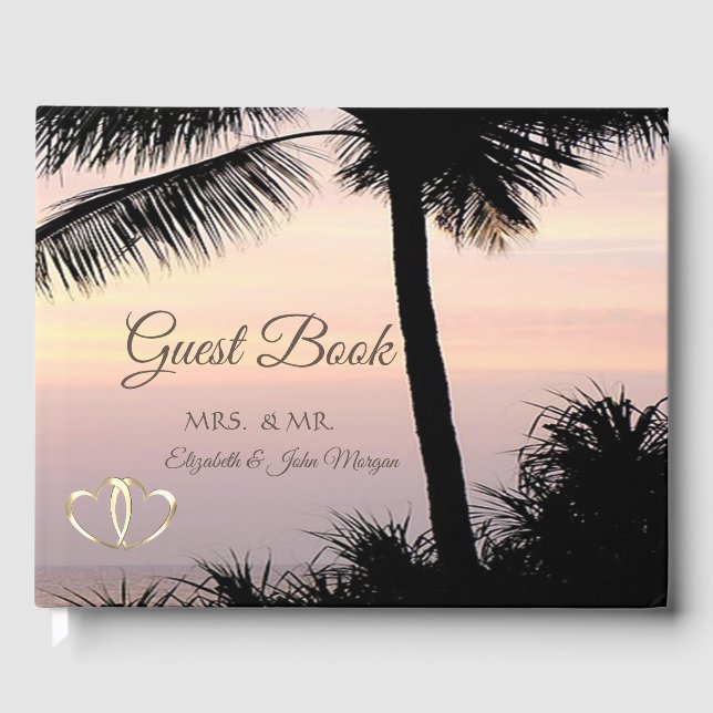 Beach Palms Sunset Hearts Wedding Gästebuch (Vorderseite)