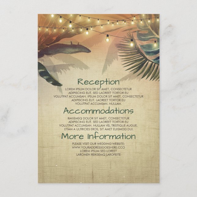 Beach Palms und Lights Hochzeitsinformation Gast Begleitkarte (Vorderseite)