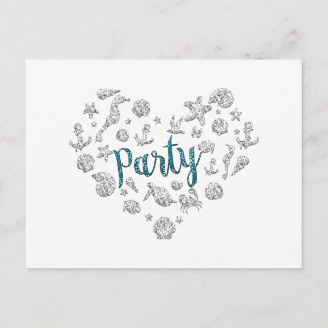 Beach PARTY Aquamarin Diamonds Save the Date Einla Ankündigungspostkarte (Vorderseite)