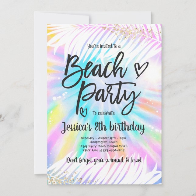 Beach Party Birthday Pink Gefärbte Krawatte Girl B Einladung (Vorderseite)