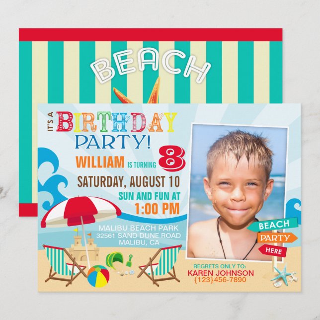 Beach Party Einladungen zum Geburtstag (Vorne/Hinten)