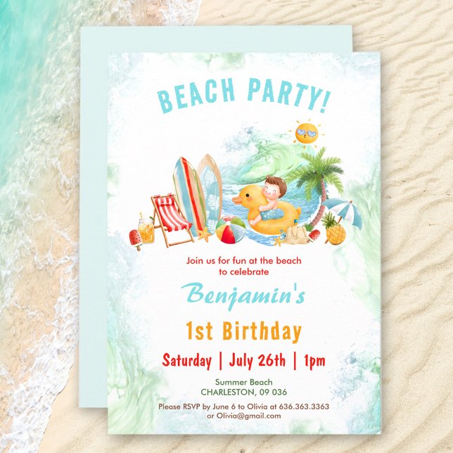 Beach Party Été 1er anniversaire Invitation de gar (Beach Party Summer 1st Birthday Boy Invitation)