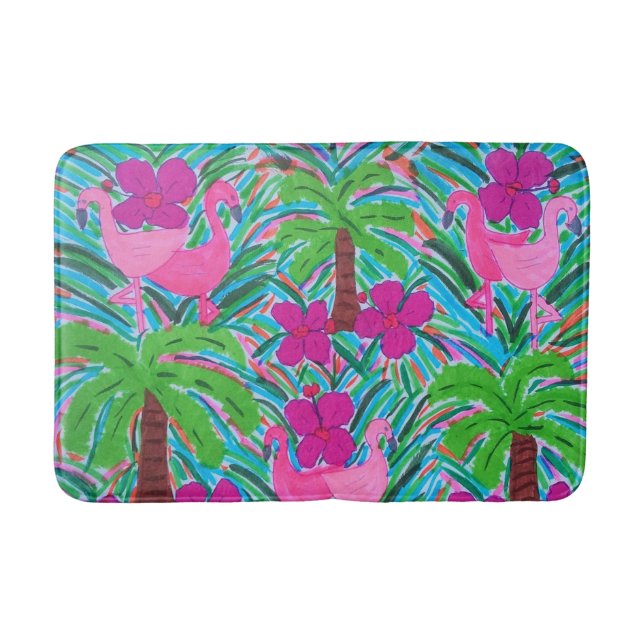 Beach Party Flamingos und Palms Badematte (Vorderseite)