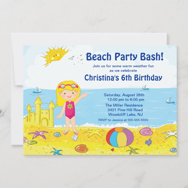 Beach Party Girl Swimming Geburtstag Einladung (Vorderseite)