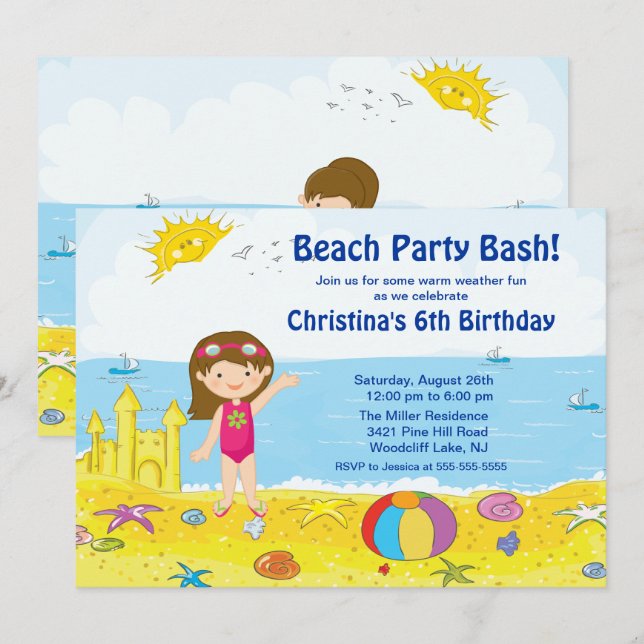 Beach Party Girl Swimming Geburtstag Einladung (Vorne/Hinten)