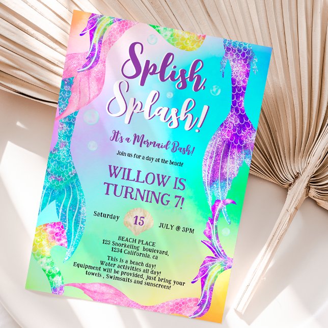 Beach Party Meerjungfrau Schwänze Kindergeburtstag Einladung (Beach party mermaid tails ocean Kids birthday rainbow Invitation)