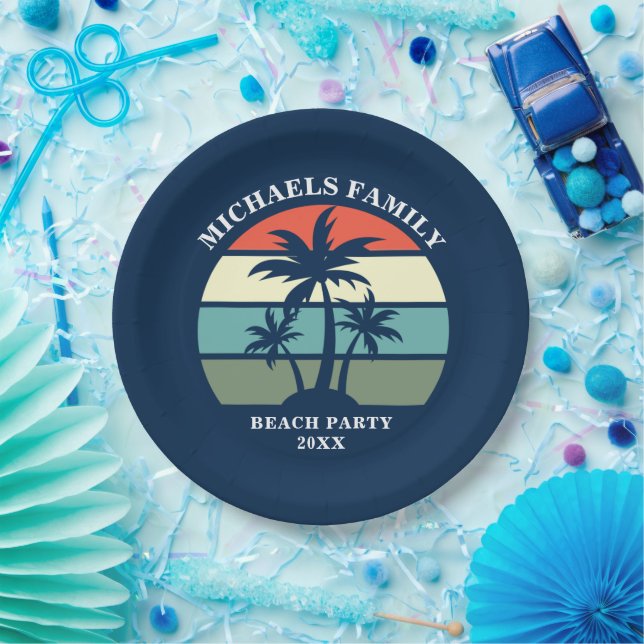 Beach Party Palm Tree Sunset Island Custom Blue Pappteller (Party)
