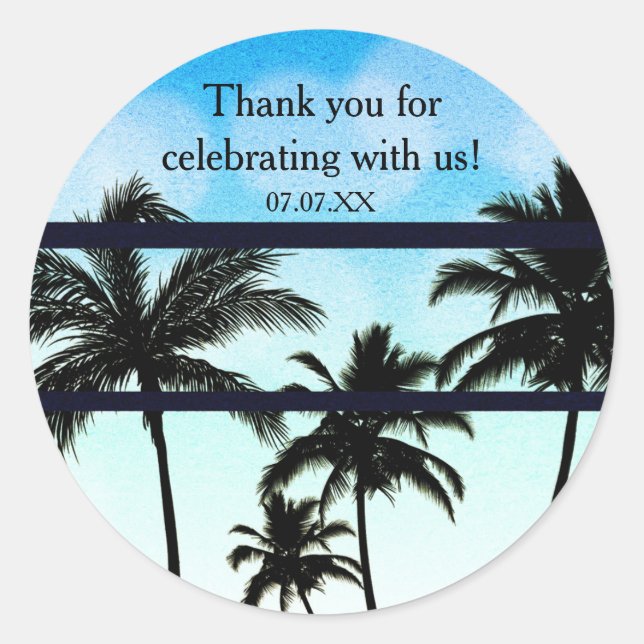 Beach Party Palm Trees Tropical Blue Gastgeschenk Runder Aufkleber (Vorderseite)