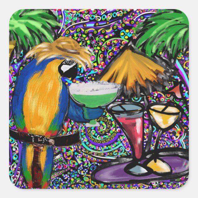 Beach Party Parrot Quadratischer Aufkleber (Vorderseite)