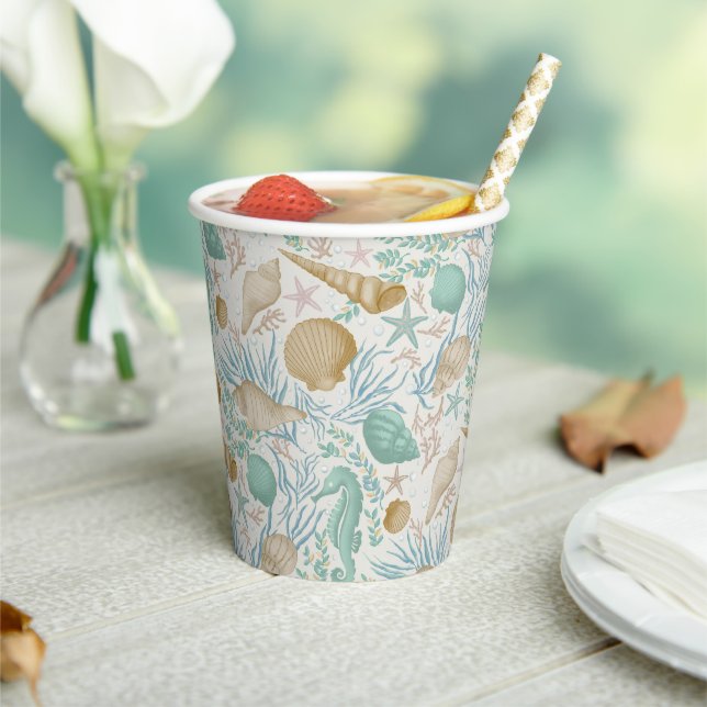 Beach Party Seashells Paper Cups: 8oz Paper Cup Pappbecher (In Situ)