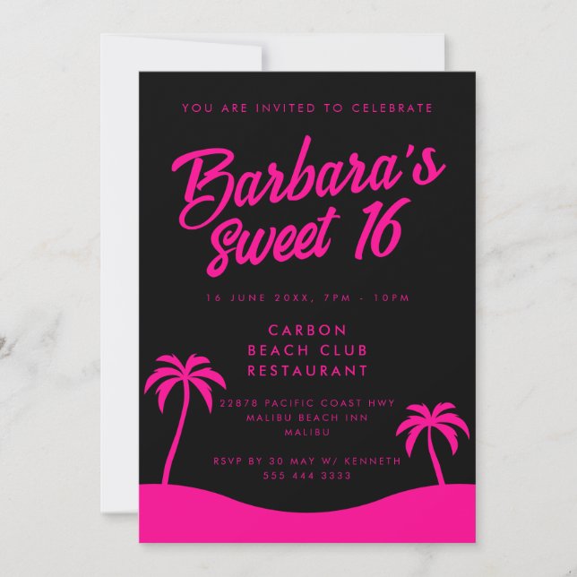 Beach Party Stilvoll Schwarz Pink Sommer süß 16 Einladung (Vorderseite)