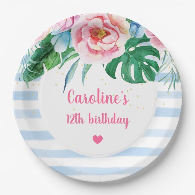 Beach Party Tropical Floral Blue Streifen Geburtst Pappteller (Vorderseite)