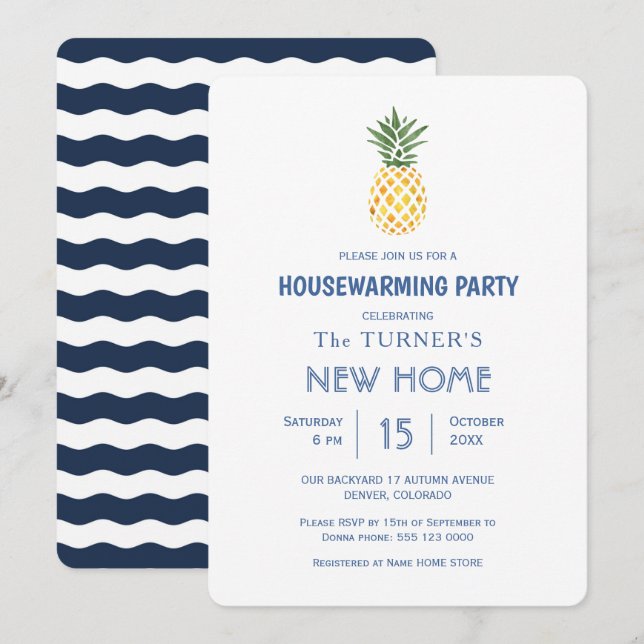 Beach Pineapa Blue Stripes Party Einladung (Vorne/Hinten)